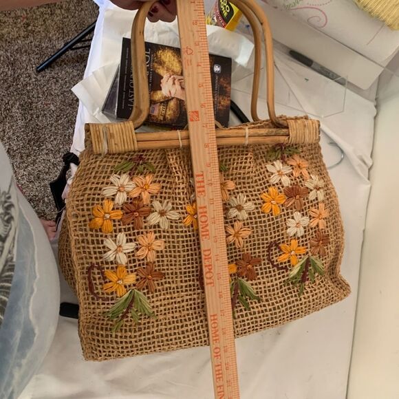 Boho Burlap Bamboo Flowers Large Shopper Tote Handbag Purse Satchel - Picture 8 of 8